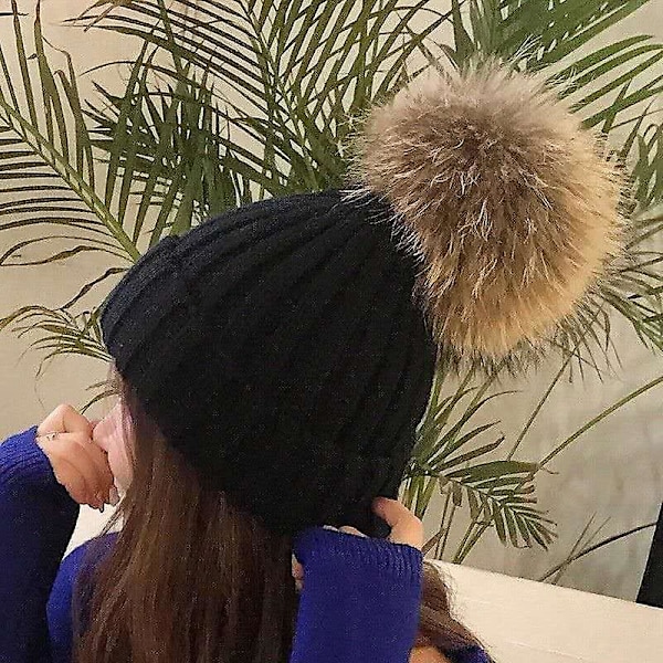 Dww-Dame Strikhue med Pompom, Sort Vinter Varm Fleece Foret Hat Slouchy Strikkede Huer