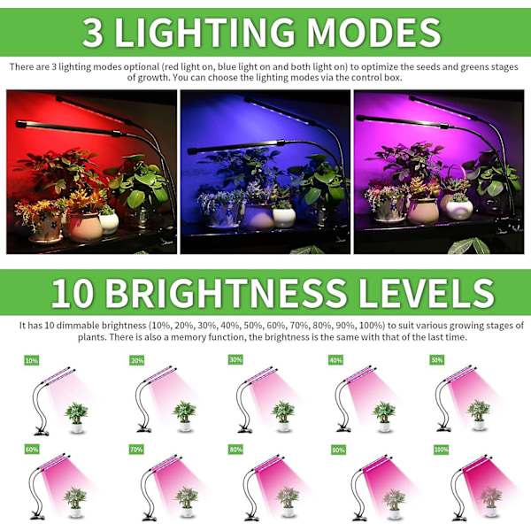 Led-kasvivalo sisäkasveille, kaksoispää 40 LED 10 himmennettävää tasoa ajoitustoiminto 3/9/12H