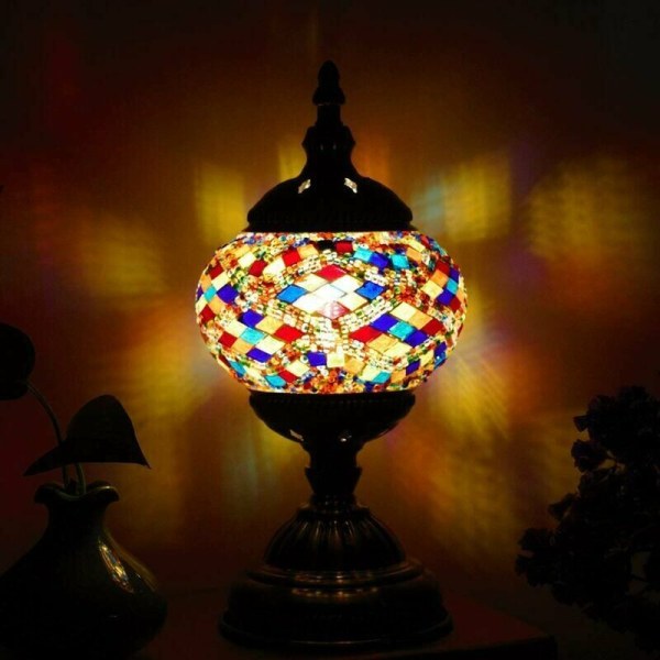 GTA turkisk lampa orientalisk mosaik skrivbord Vintage flerfärgad glas sänglampa brons bas
