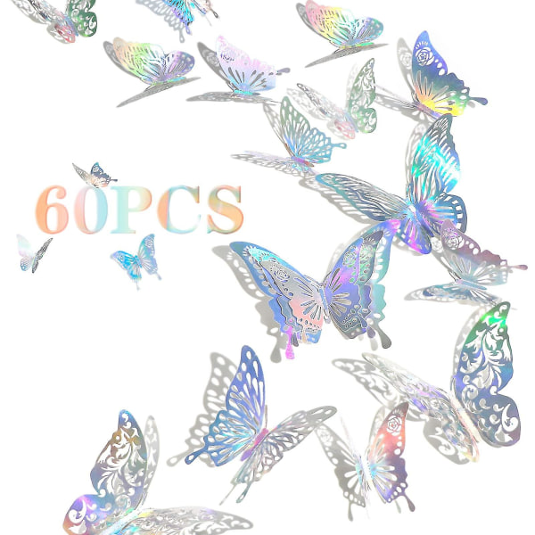 60 st 3d iriserande silverfjärilsväggdekaler, holografiska silverfjärilsväggdekor Klassrumsinredning med set 5 stilar dekorativt papper
