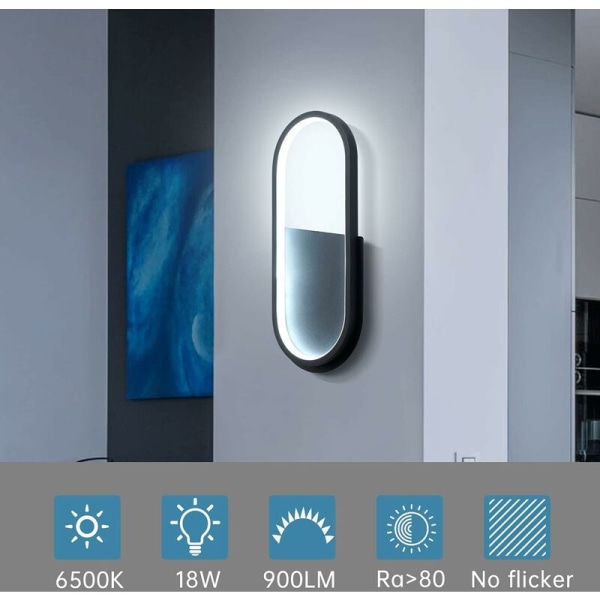 Vägglampa inomhus, modern vägglampa 18W, kall vit? 6000K, akryl och järn vägglampa 900LM AC180-265V, [Energiklass A+] (svart),ladacèe