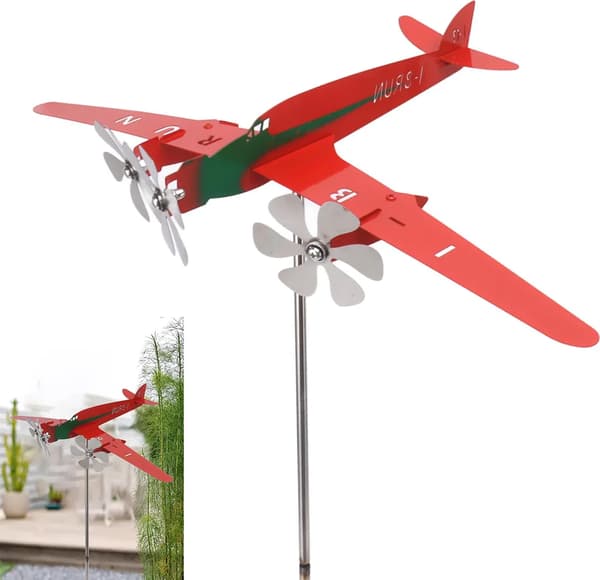Metallflygplan Vindflöjel, 3D Rostfritt Rött Flygplan Vindspel, Trädgårdsdekoration