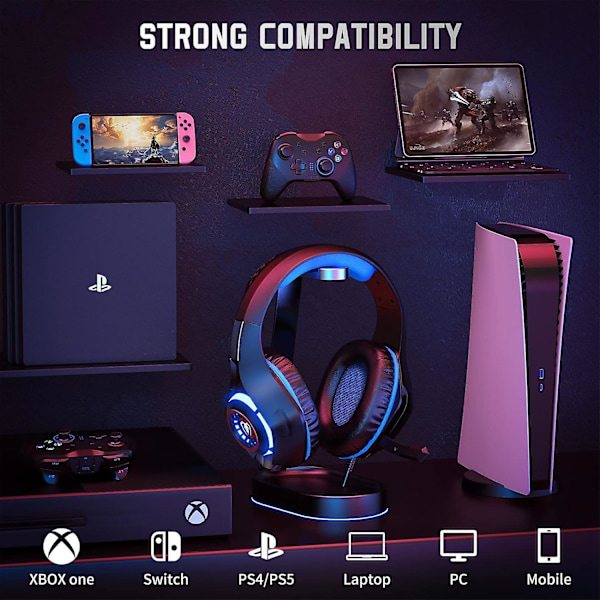 Peliheadset PS4 PS5 Xbox One Switch PC:lle, jossa melunvaimennusmikrofoni, syvä basso ja stereovaikutelma