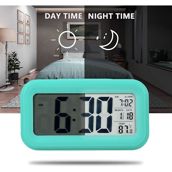 Batteridrevet digitalt vækkeur til soveværelse, LCD-display sengeagur med snooze, baggrundsbelysning, nattelys, dato og temperatur, sleep timer