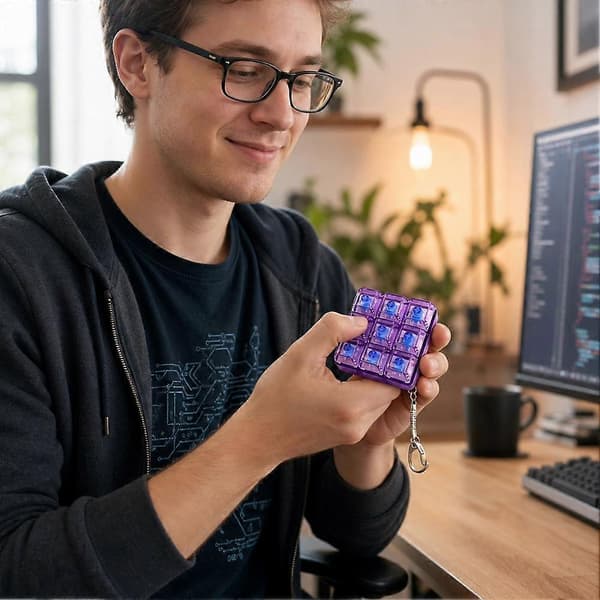 Mini tastatur fidget-nøglering - 9 klikbare knapper med lys, PC-materiale Blue