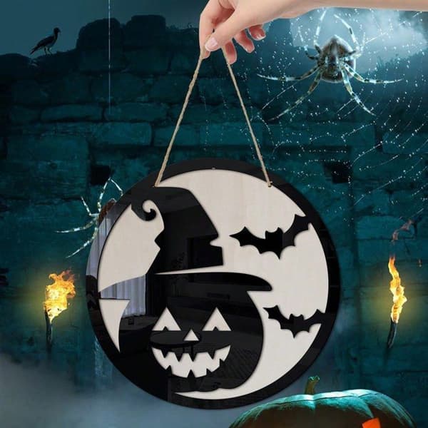 Heksegresskar i tre akryl anheng til Halloween, festdekorasjon