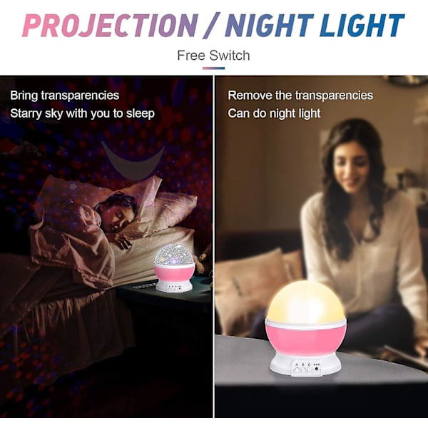 Baby nattlys, månestjerneprojektor 360 graders rotasjon - 4 LED-pærer 8 fargeskiftende lys, romantisk natt