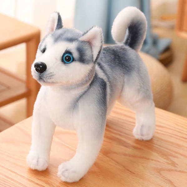 Söta Huskies gosedjur hund simulering-realistisk & livliknande valp docka presenter för flickor pojkar småbarn (30 cm stående med klocka)
