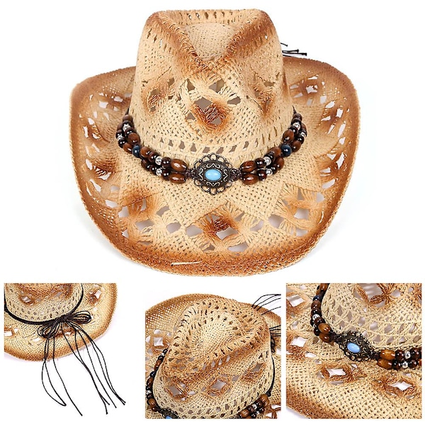 Cowboy Cowgirl Hat til mænd og kvinder - Bredskygget solhat med perleret kantbånd - Hullet åndbar - Western-stil til udendørs strandrejser