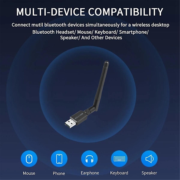 100M Bluetooth 5.3 Adapter Fri Driver USB Bluetooth Dongle Adaptador til Windows 11/10 Mus Tastatur Lydmodtager（Sort）