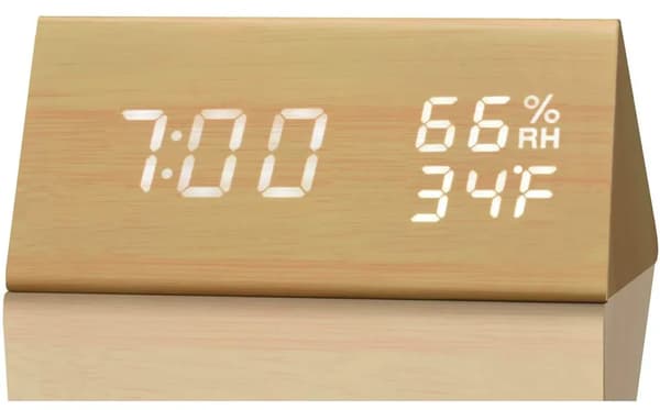 Digital Väckarklocka med Trä-LED-Display, 3 Alarm Inställningar, Luftfuktighets- och Temperaturdetektering, Sovrumsklocka