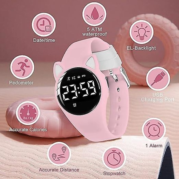 Rosa och vit watch, liten watch för flickor, digital fitness med väckarklocka/kronograf/vattentät, present till tjejer 5-15 år