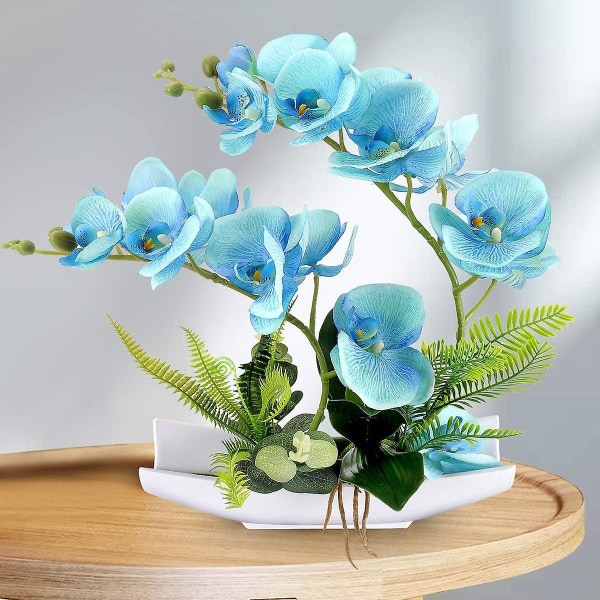 Blå dekorativ äkta touch falsk orkidé bonsai konstgjord blomma imitation porslin blomkruka phalaenopsis orkidé heminredning blomsterarrangemang