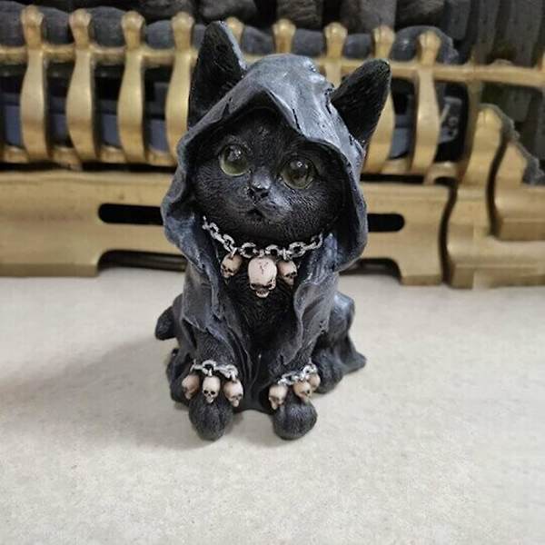 Katteforklædt Grim Reaper Kat Figur, Sort Sød Katteforklædt Samlefigur, Gotisk Kat