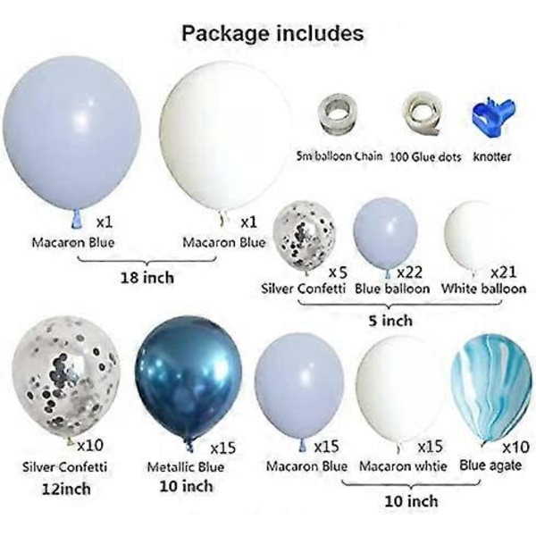 118-dels blå ballonggirlandbåge-kit, ljusblå vit ballongbåge-kit med agat-mönstrade latexballonger, macaronblå ballonger för pojke/flicka-dusch