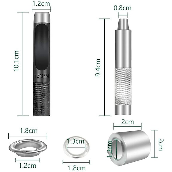 Grommetværktøj 12mm Metal Grommet Sæt 100 Sæt Grommet Kit Øjesæt til Lærred Presenning Telt Reparation Sølv (1/2 Tomme)