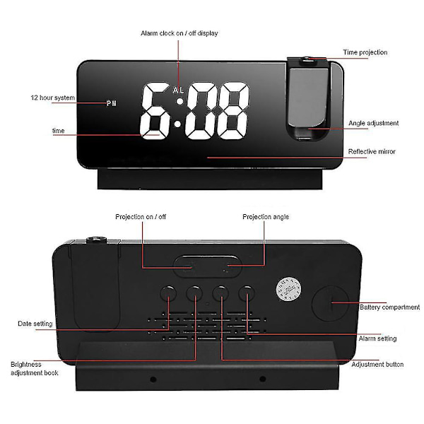 Smart Digital Projektionsklocka Justerbar Mute Automatisk Skrivbord LED Väckarklocka Elektronisk Projektionsväckarklocka Present (vit)