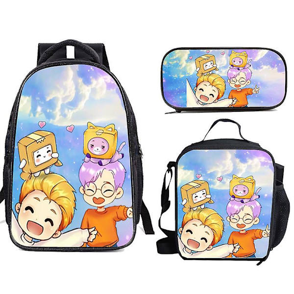 Trepunkturssats Lankybox Cartoon Tryck Skolväska Lunchväska Axelväska Student Stationery Pennfodral