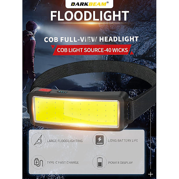 COB LED-hodelykt, kraftig USB-oppladbar hodelykt, vanntett hodelykt 2000 lumen 2 stk, hjelm arbeidslys, for camping, bilvedlikehold og mer