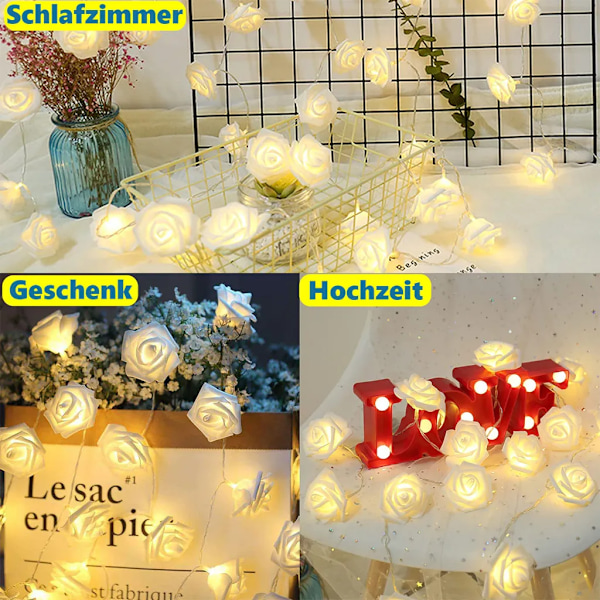 6m 40LED rosen lyskæde, vandtæt indendørs udendørs julebryllupsfest havedekoration, flash batteri