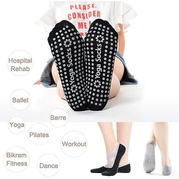 Yogastrumpor, 2 par Yoga Pilatesstrumpor för kvinnor med grepp och remmar för lätt att bära, Pilatesstrumpor i bomull (svart och grå)
