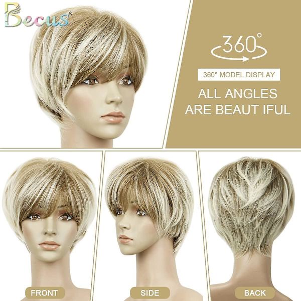 Kort blond Pixie Cut Parykker for kvinner Fluffy Layer Lowlight med rotstrekk