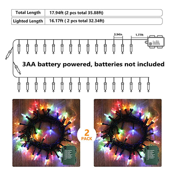 Julbelysning flerfärgad, 17,94' 50 LED julgransljus, batteridriven julbelysning