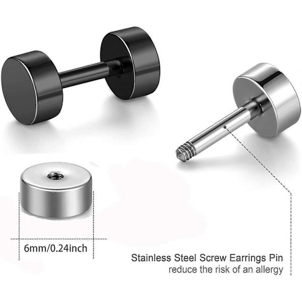 Prickiga Örhängen, Högpolerad Kirurgiskt Stål Skruv Platta Bak Slips Örhängen för Kvinnor Män Pack med 5 Par (3MM/4MM/5MM/6MM/8MM Alternativ) 6MM/0.24  -