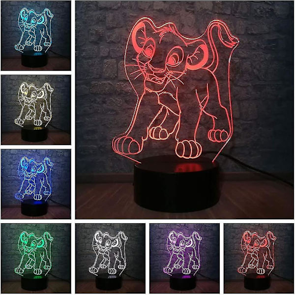 Tegneserie Simba Løve Kongen 3D LED Børne Natlys Flerfarvet USB Opladning Dyr Bord Optisk Illusion Lampe Soveværelse Dekoration