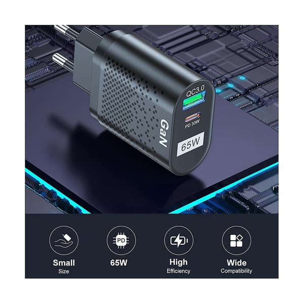 65W Mobiltelefon Hurtiglader Multi-Port QC3.0 PD Multiplug Hurtiglading Håndlader for EU-plugg（Svart）