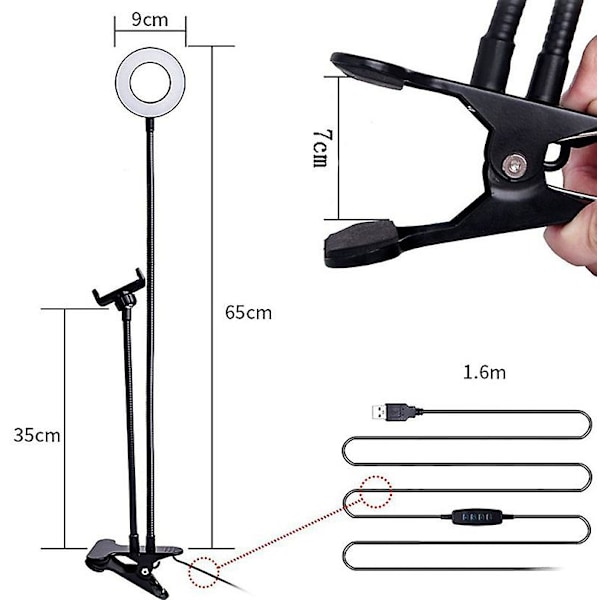 Concept 2-in-1 LED-selfie-rengasvalo pöytälamppu hansikaulainen iPhone-teline älypuhelimen pidike selfie-valo matkapuhelimen pidike kallistuva selfie-rengas