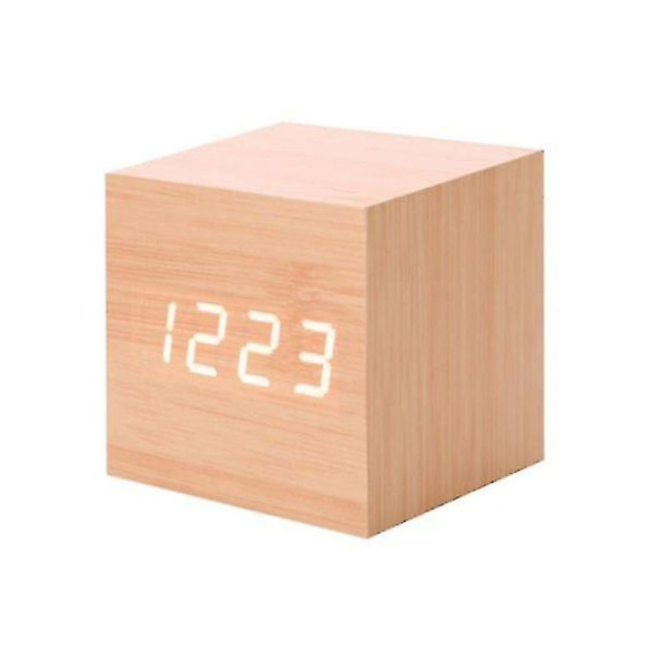 Kvadratisk träväckarklocka barn student elektronisk klocka mini röstaktiverad LED träklocka（gul）