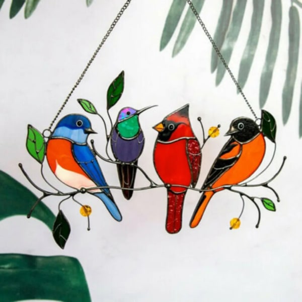 Färgglada fåglar på tråd Hög målat glas Ljusfångare Fönsterhängande 7 fåglar hänge prydnad för fönsterdörr Trädgård Hem vårdekoration