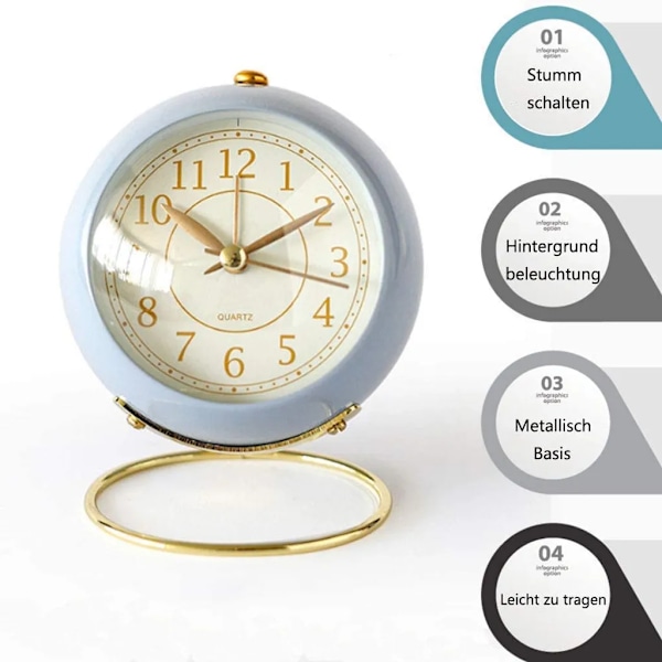 Dubbel Klocka Väckarklocka med Nattlampa, Högt Alarm, Analog Väckarklocka, Tyst, Batteridriven, Retrodesign (Blå)