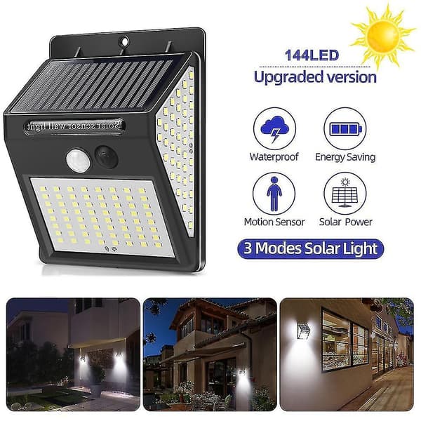 2-pak solcellelamper, 3 arbeidsmoduser, trådløs solcellevegglampe for hage, gjerde, terrasse (144 lys)