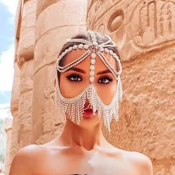 Glitrende Rhinestones Maske Kæde Maskerade Mavedans Krystal Kvast Hovedkæde