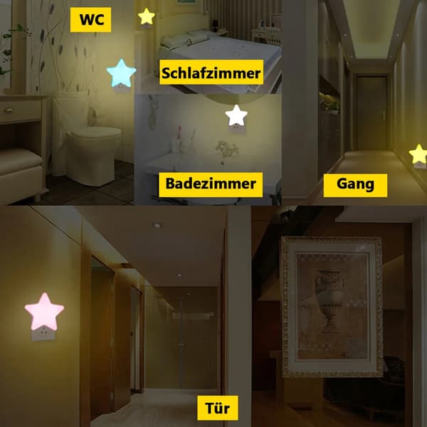 Natlys LED stjernenatlys, lyssensitiv, til stikkontakter, stjerner, stjerneform, 4-pak