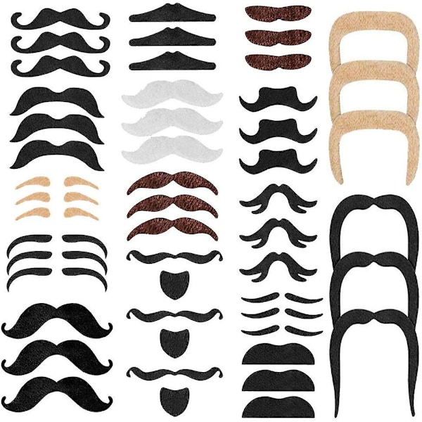 Falska mustascher, 48 stycken självhäftande nyhet falska skägg vuxna barn återanvändbara