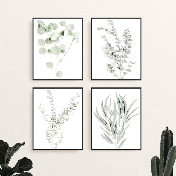 Set med 4 blommiga köksväggkonst Boho-blad Eucalyptus-växtväggtryck (ORAMAD) (8x10)