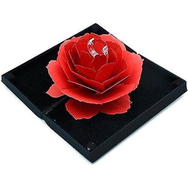 Rose roterande ring box (svart), 3d pop-up rose ring box för förlovning, presentförpackning för bröllopssmycken