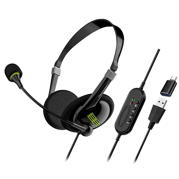 USB-computerheadset - Specielt headset til erhvervsdrivende - Kablet headset - In-line-kontrolheadset med Typec-adapter (som vist)