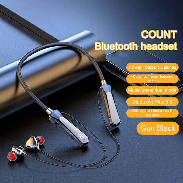 Bluetooth 5.3 Dual-mode Spil/musik Hals Bluetooth Headset Sort Teknologi Intelligent Skridttæller Headset