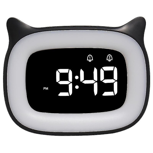 Creative cartoon childrens night light alarm clock bedside soft light wakeup electronic clock（black）