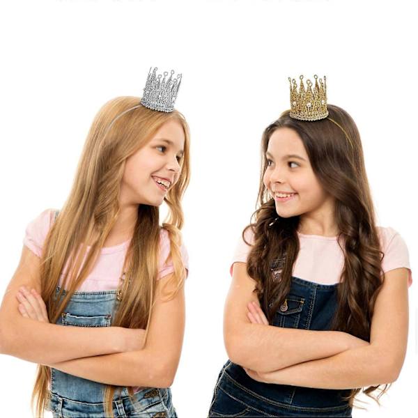 Fotorekvisita Krona Elastiska Hårband, 2 st Prinsessa Tiara Krona Födelsedagshätta för Pojke Flicka, Partyhatt för Kvinnor (Guld+Silver)