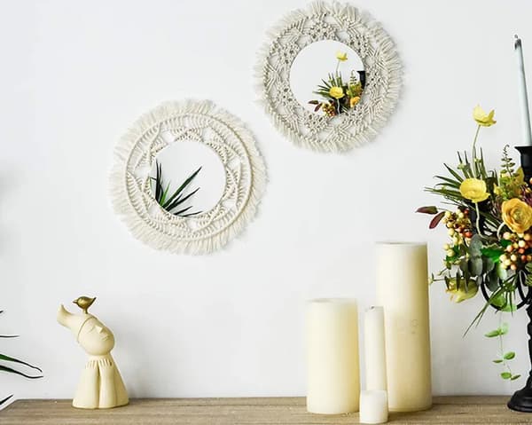 Pyöreä makramee seinäkoriste Boho käsintehty kudottu seinävaate seinätaidekoristeet