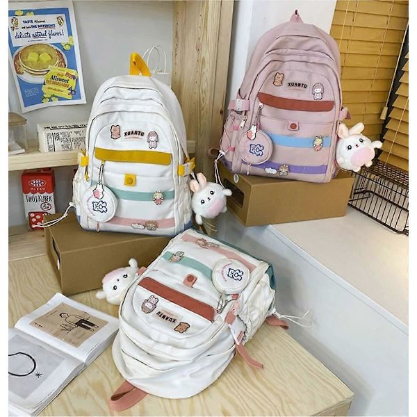 Kawaii Söt Ryggsäck i Fräscha Färger med Plyschhänge, Nål & Charm - Skolryggsäck för Flickor & Kvinnor