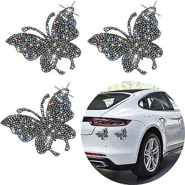 3-delad Crystal Butterfly Bildekor, Glittrande Butterfly Crystal Rhinestone Bil Dekal, Glittrande Butterfly Bildekoration Bil Bumper Window Lapt