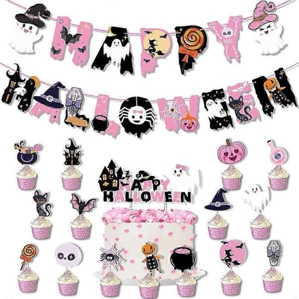 Lyserøde spøgelsestema Halloween-dekorationer (43 dele): Banner og balloner til en efterårs-babyshower