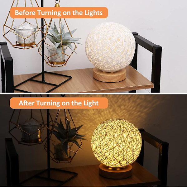 Træbordlampe, LED-natlygtelampe med håndstrikket flettet rattan kugle og USB-oplader (hvid)