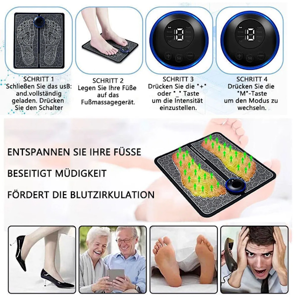 Fotmassage EMS Elektrisk Fotmassage, med 8 lägen och 19 växlar intensiteter, för blodcirkulation muskelplatta smärtlindring